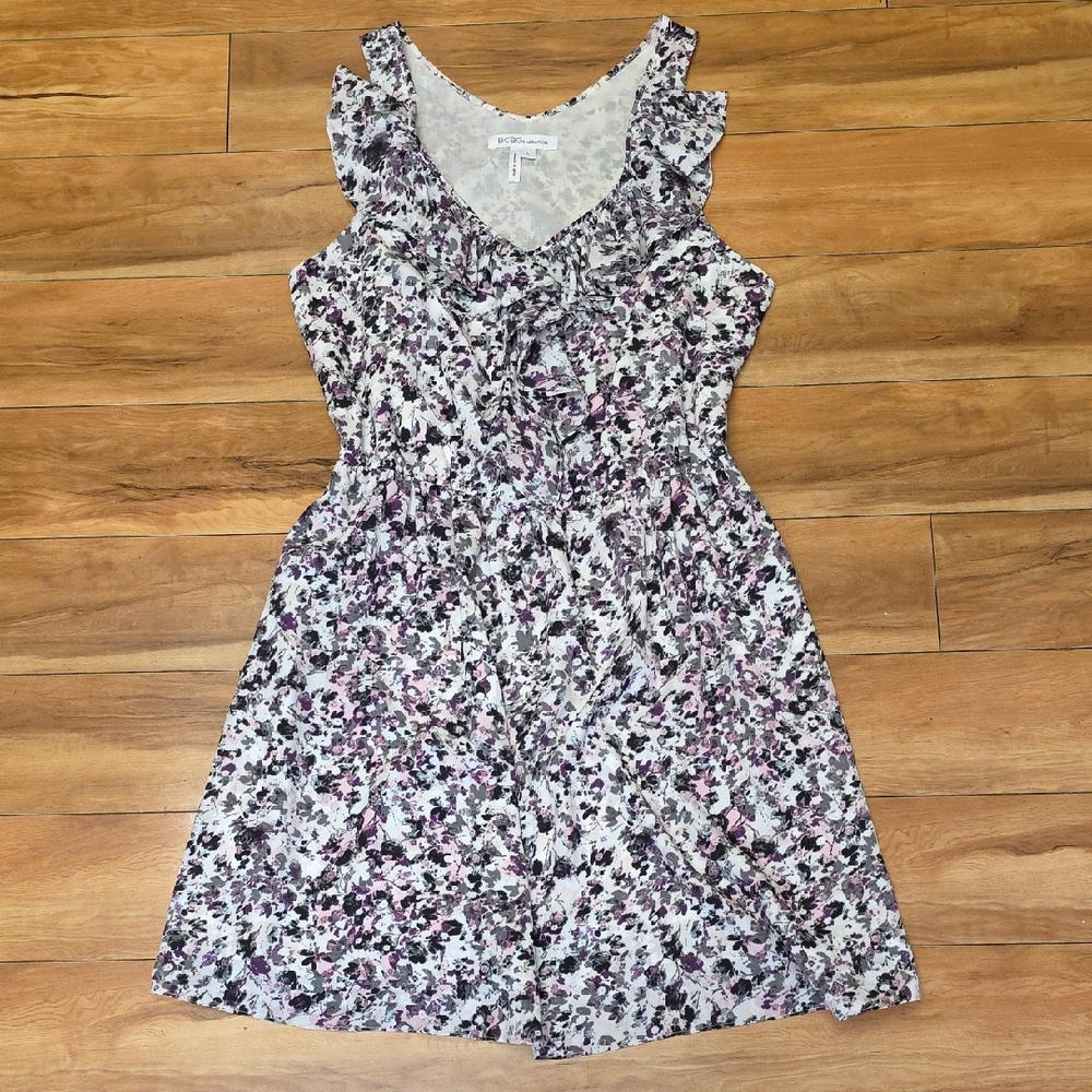 BCBG Generation Floral Print Sleevless Dress Ruffle Neckline Size LARGE